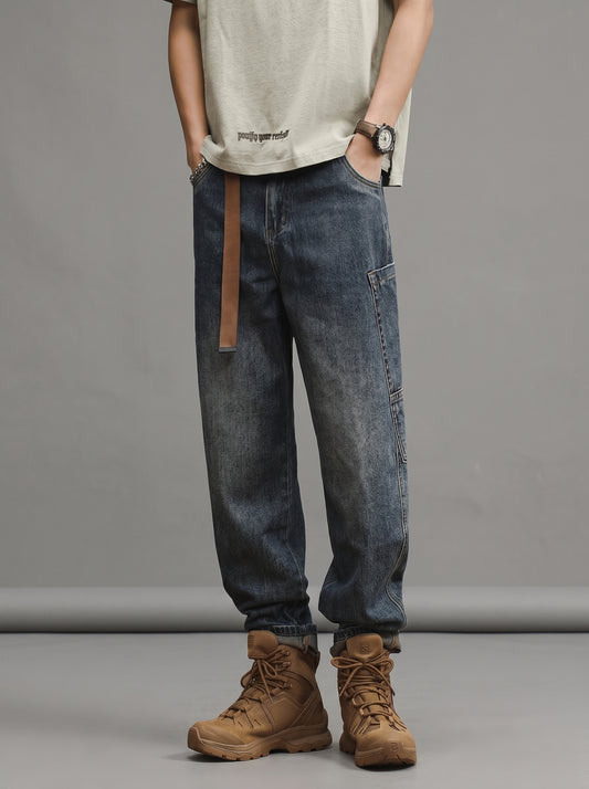Washed Harem Cargo Denim Jeans with Webbing Belt