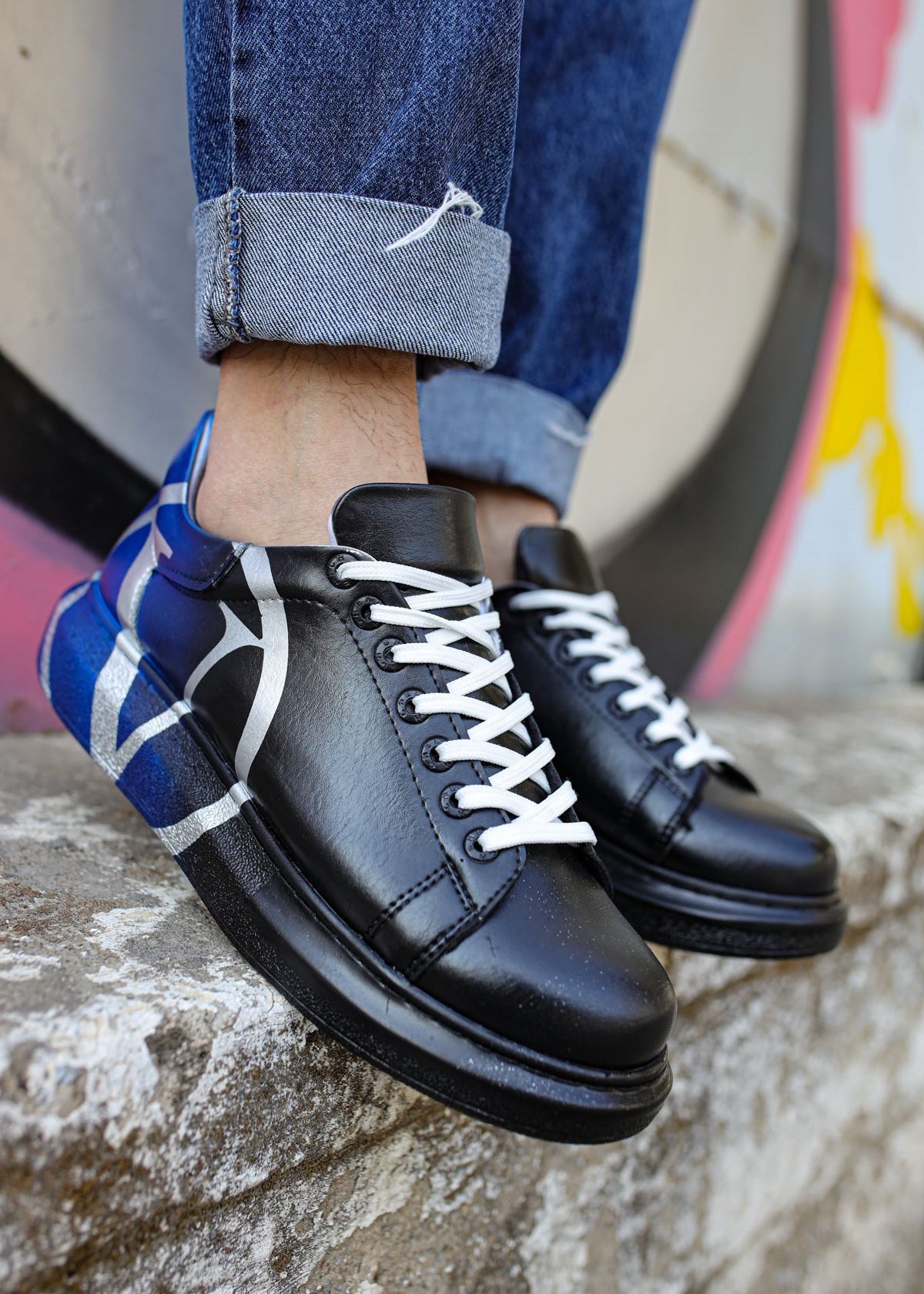 Tokyo V Midnight Surge hand-painted custom sneaker in black and blue by Apollo Moda, view 2