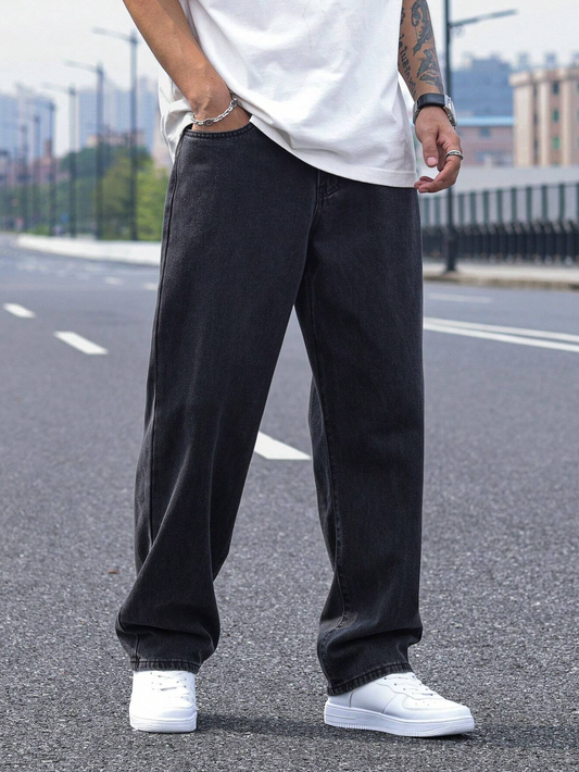 Loose Men Slant Pocket Straight Leg Jeans