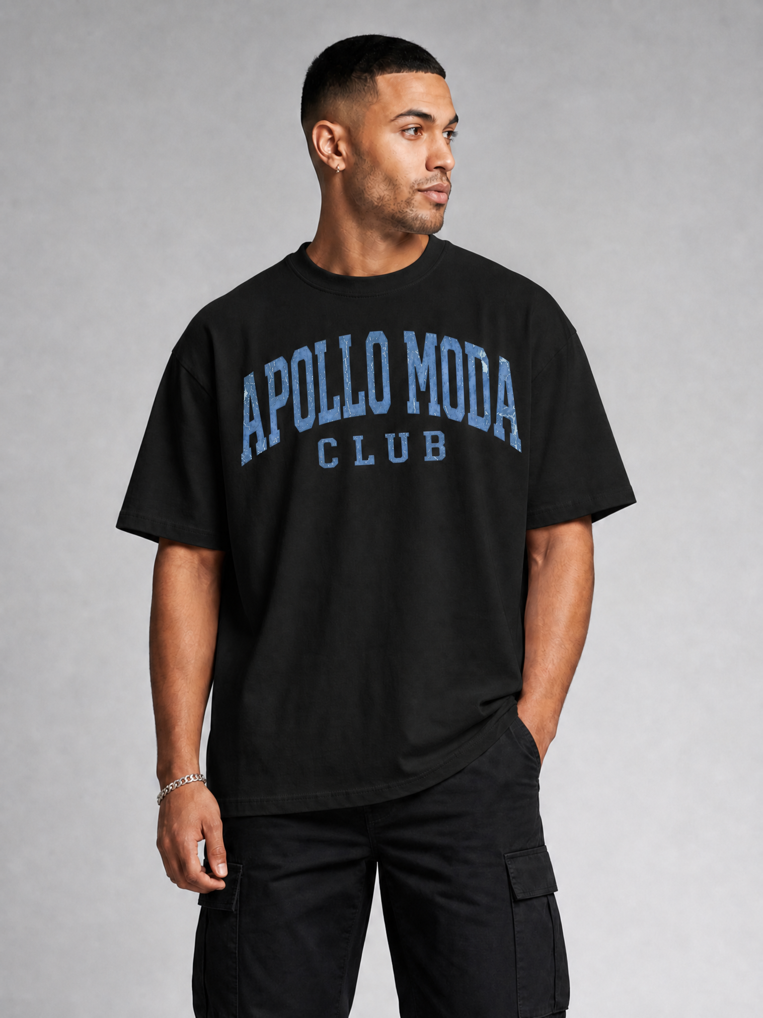 Club oversized collegiate graphic tee in black by Apollo Moda, view 5