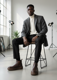 Avalon Coffee Brown Chelsea boot in brown by Apollo Moda, styled with a grey coat