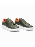 Men's Pluto Olive by Apollo Moda, olive green leather low-top sneaker with orange accents, third angle