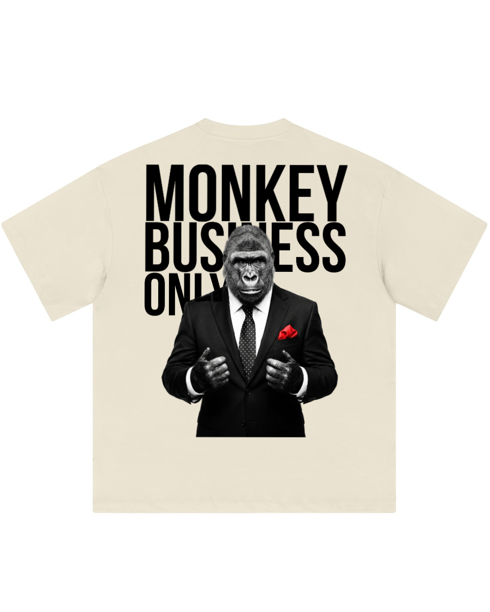 Monkey Business Only oversized graphic tee in beige by Apollo Moda, back print view