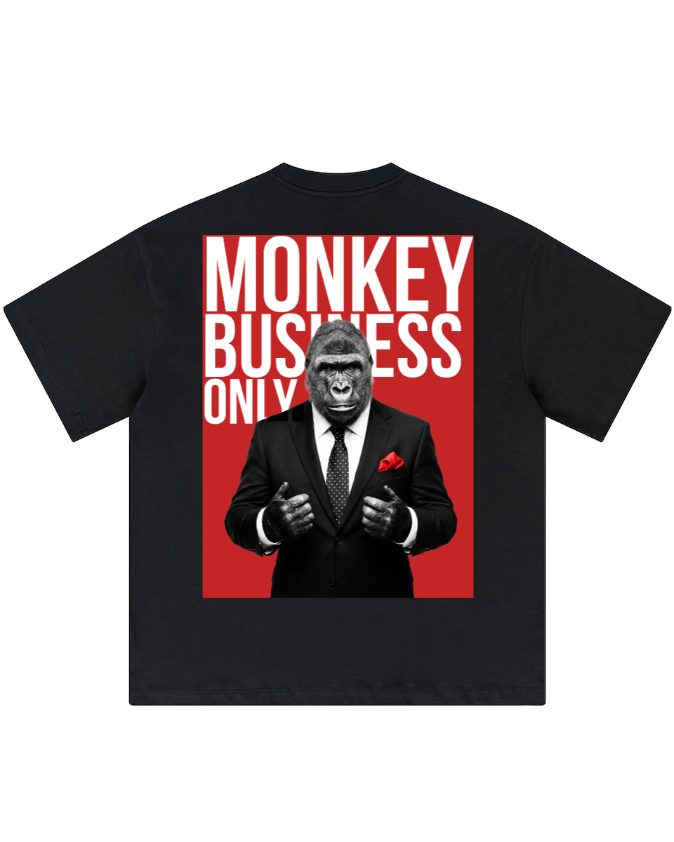 Monkey Business Only oversized graphic tee in black by Apollo Moda, back print view