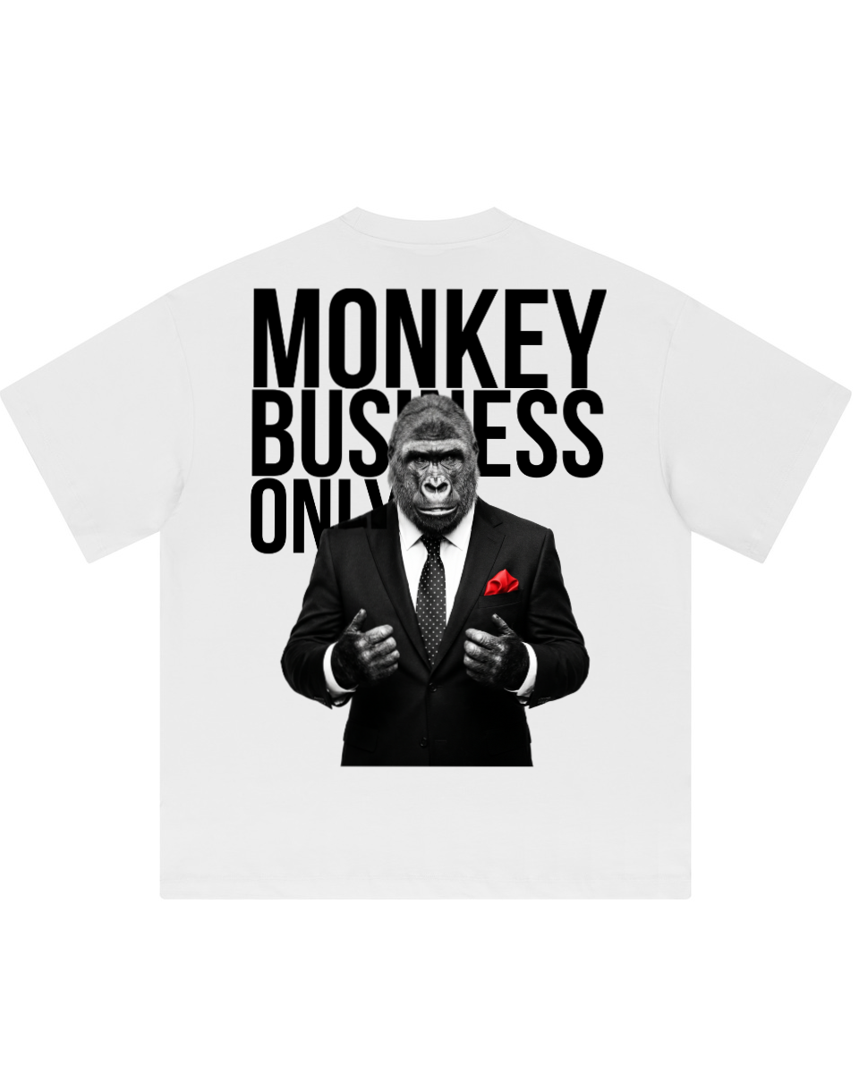 Monkey Business Only oversized graphic tee in white by Apollo Moda, back print view