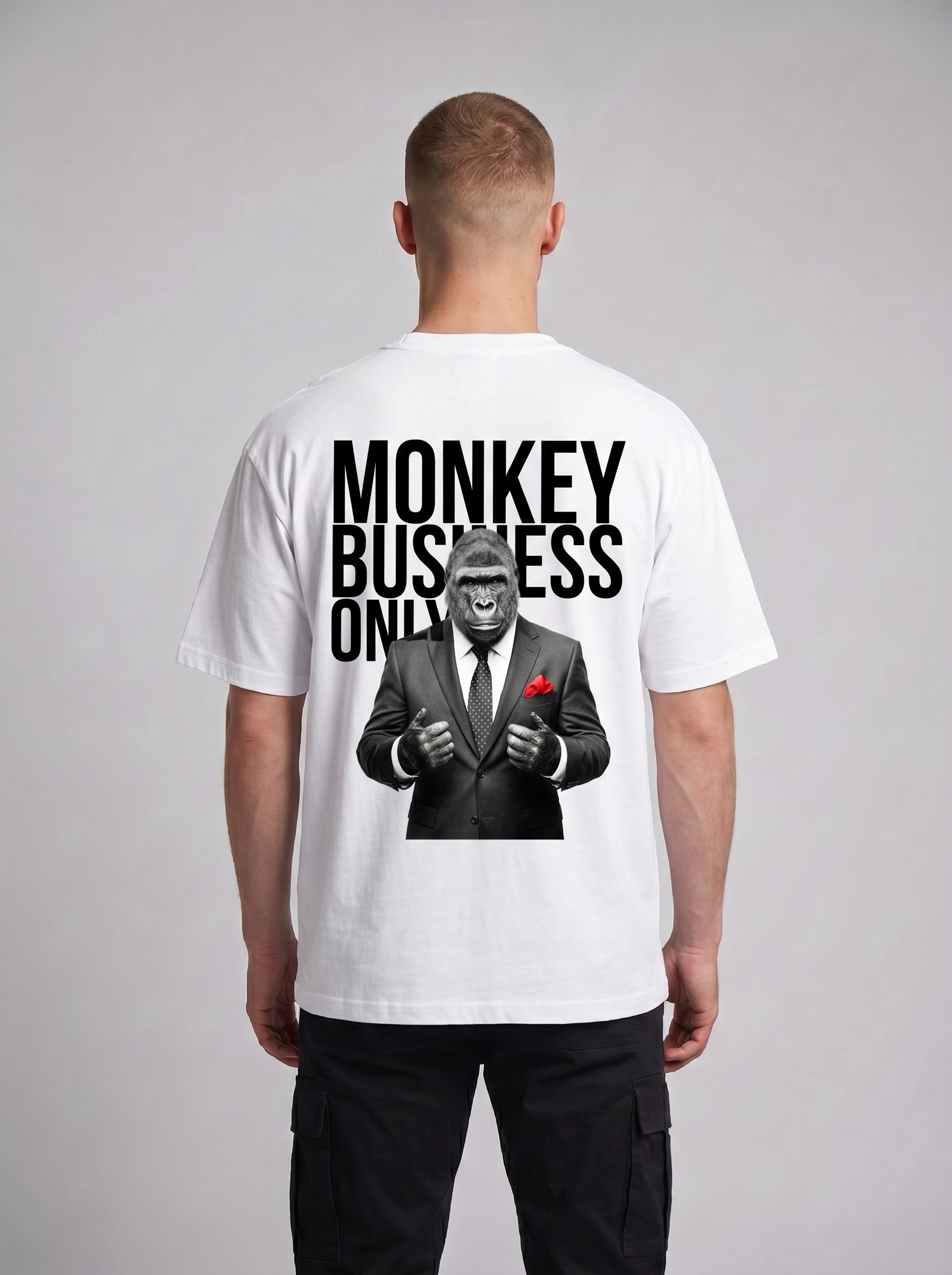 Monkey Business Only oversized graphic tee in white by Apollo Moda, detail view 1