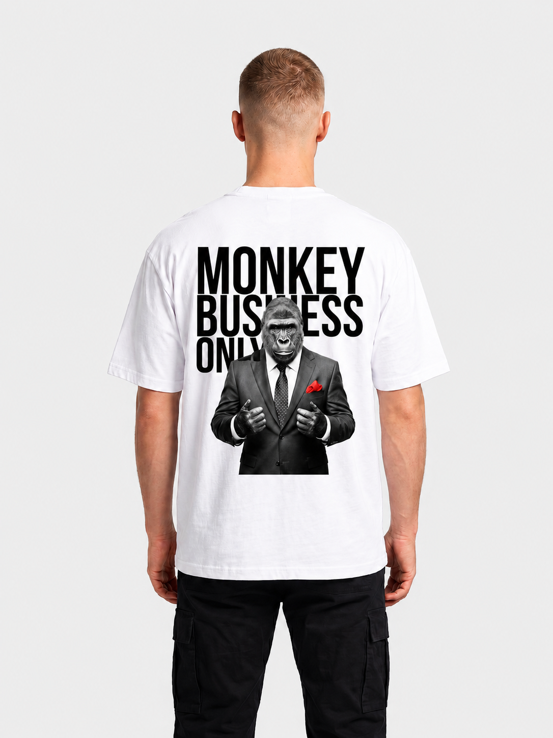 Monkey Business Only oversized graphic tee in white by Apollo Moda, worn by model