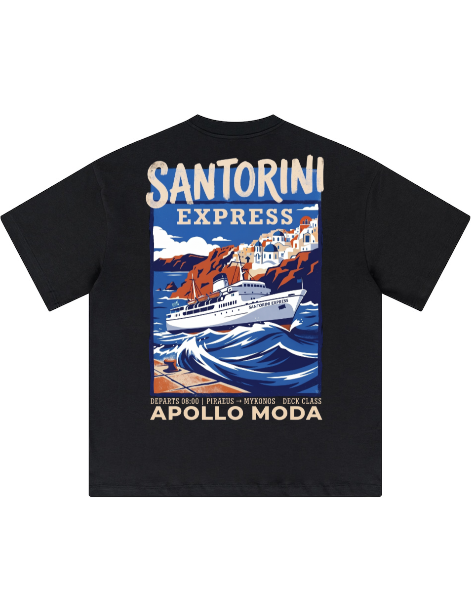 Santorini Express oversized graphic tee in black by Apollo Moda, back print view
