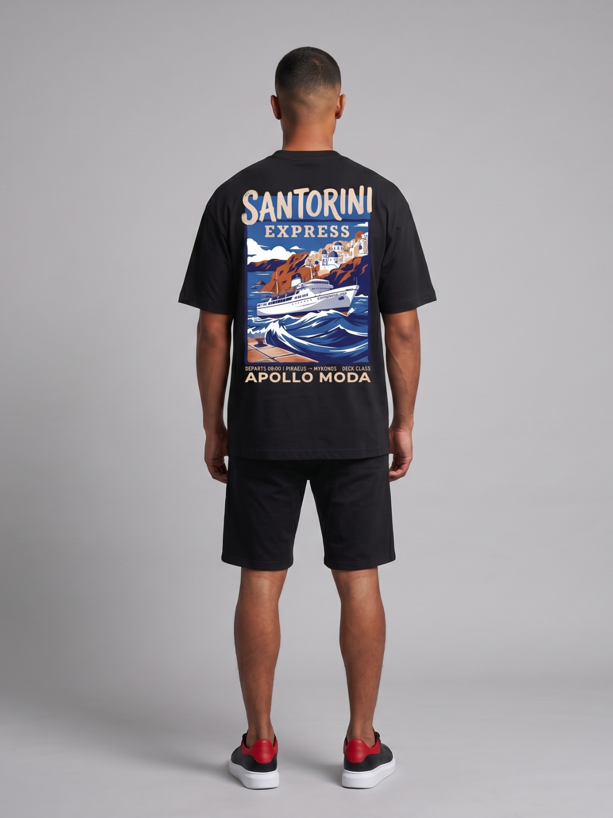 Santorini Express oversized graphic tee in black by Apollo Moda, detail view 1
