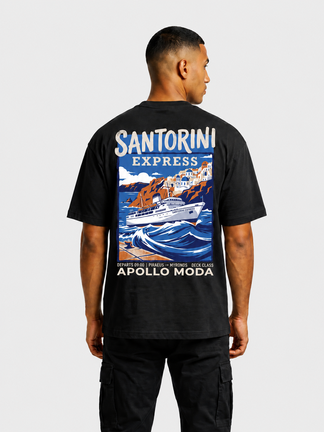 Santorini Express oversized graphic tee in black by Apollo Moda, worn by model
