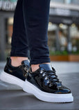 Men's Atlas Mirror patent black sneaker with white sole by Apollo Moda, sixth angle