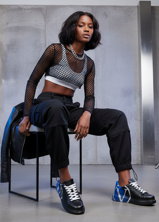 Women's Tokyo V Midnight Surge hand-painted custom sneaker in black and blue by Apollo Moda, view 2